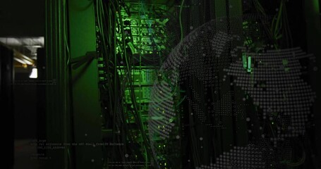 Wall Mural - Binary code animation over green-lit server racks in data center