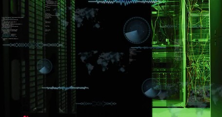 Poster - Digital data processing animation over world map and skyscraper background