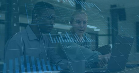 Poster - Analyzing data charts and graphs animation over two business professionals in discussion