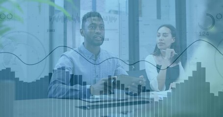 Poster - Financial data processing animation over diverse business people in office meeting