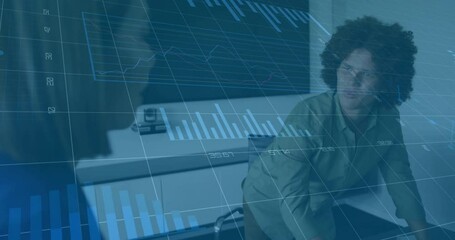 Poster - Business charts and graphs animation over diverse professionals in meeting