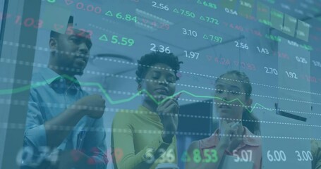Poster - Stock market data animation over diverse business team analyzing information on glass board