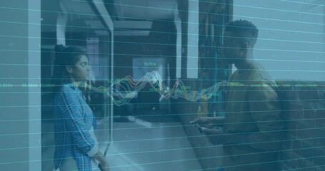 Poster - Financial data graph animation over diverse people discussing in office hallway