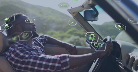 Poster - Driving convertible, man surrounded by eco-friendly technology animation