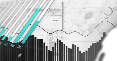 Poster - financial data and bar chart animation over world map and graphs