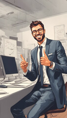 Poster - A cheerful businessman in a suit sitting at a desk in an office, giving a thumbs-up with a big smile. The office has a modern design with documents and a computer in the background.