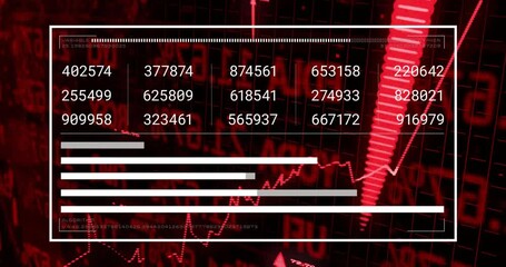 Poster - financial data and bar chart animation over red stock market graphs