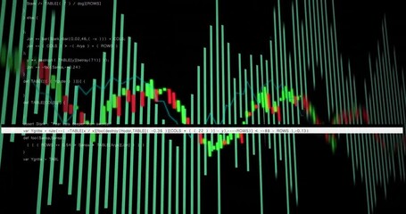 Wall Mural - Stock market data analysis animation over fluctuating candlestick chart