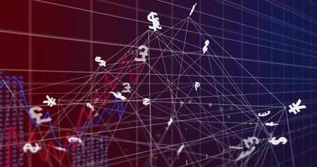 Poster - currency symbols and financial graph animation over grid background