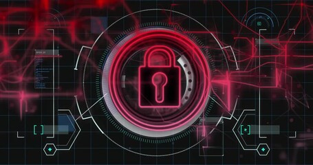 Poster - Digital padlock and security system animation over futuristic interface