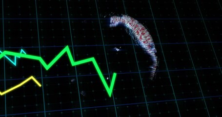 Poster - Green line graph animation over rotating globe on dark grid background