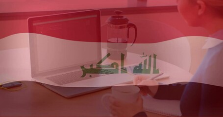 Poster - Iraqi flag animation over person working on laptop and holding coffee cup