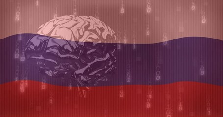 Poster - Brain illustration with binary code animation over Russian flag