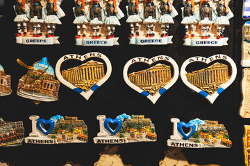 Wall Mural - Traditional tourist souvenirs and gifts from Athens, fridge magnets with text 