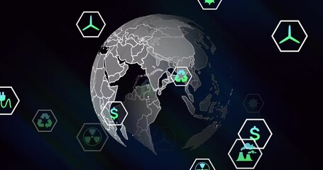 Poster - Rotating globe with sustainability icons animation over dark background