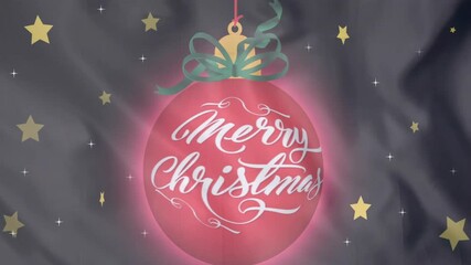 Poster - Merry Christmas text animation over red ornament with stars on dark background