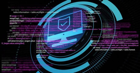 Wall Mural - Cybersecurity shield icon with programming code animation over circular digital interface