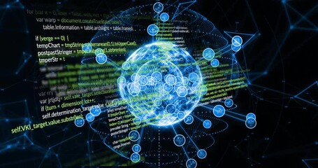 Poster - Glowing network connections and data processing animation over programming code