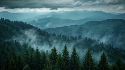 Poster - Breathtaking view of layered mountain forests under a cloudy sky