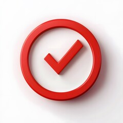 
3d check icon, checklist tick, done mark. Vector realistic plastic style checkmark, symbol of selection, confirmation or approval. Red circle with a white, white background