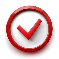 
3d check icon, checklist tick, done mark. Vector realistic plastic style checkmark, symbol of selection, confirmation or approval. Red circle with a white, white background