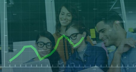 Poster - financial data graph animation over diverse business team collaborating on project