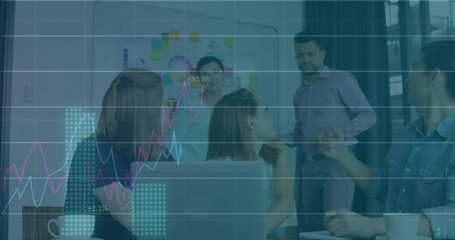 Poster - Financial data and stock market trends animation over business team in meeting