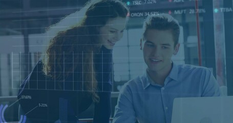Poster - Financial data processing animation over business colleagues discussing work in office