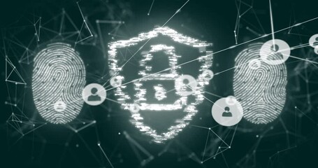 Poster - Digital security lock and fingerprint animation over network connections and user icons