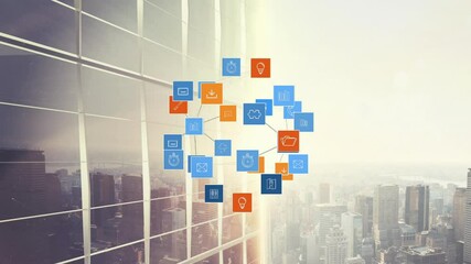 Poster - Colorful app icons forming cloud animation over cityscape with skyscrapers
