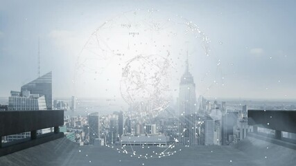 Poster - Digital network connections animation over cityscape with skyscrapers and buildings