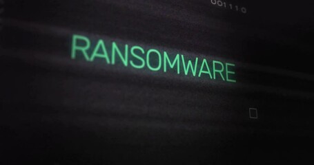 Poster - RANSOMWARE text animation over dark background with digital interface elements