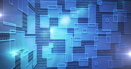 Poster - Binary code and geometric shapes animation over blue digital background