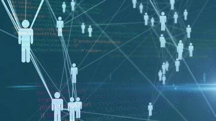 Poster - Network of connected people icons and data processing animation over code background