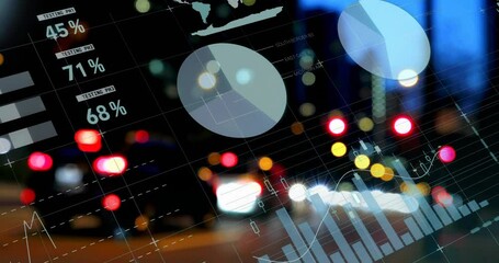 Poster - Pie charts and data graphs animation over city street with blurred lights