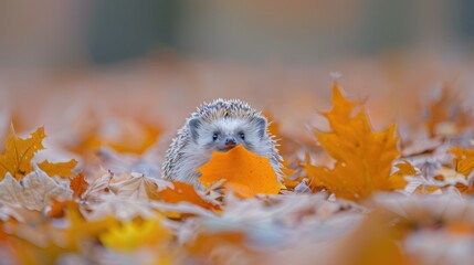 Sticker - A cute baby hedgehog holding an orange leaf 