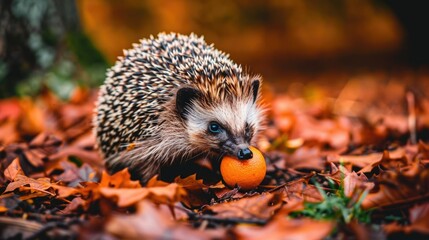 Sticker - A cute baby hedgehog holding an orange leaf 