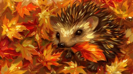 Wall Mural - A cute baby hedgehog holding an orange leaf 