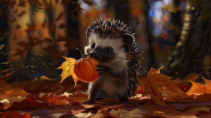 Wall Mural - A cute baby hedgehog holding an orange leaf 