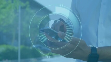 Poster - Using smartphone, person interacting with digital interface animation over outdoor background