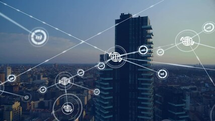 Poster - Network of connections and data processing animation over cityscape with skyscrapers