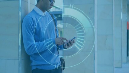 Poster - Using smartphone, man standing against wall with futuristic digital interface animation