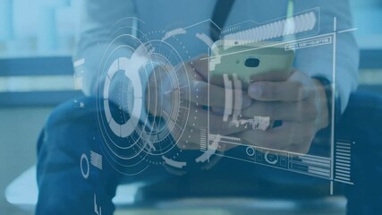 Poster - Holding smartphone, person with digital interface animation over hands