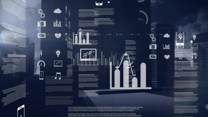 Poster - Graphs and icons representing data analytics animation over cityscape background