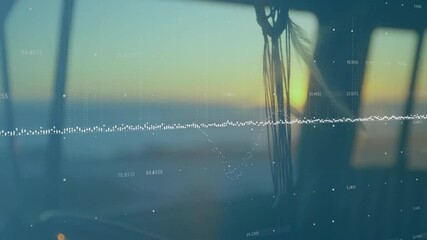 Poster - Data visualization animation over sunset view through window with hanging decoration