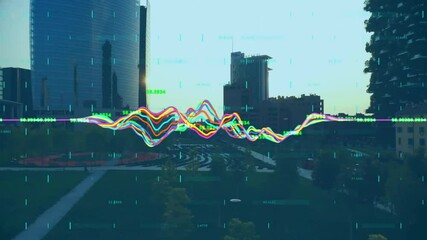 Poster - Financial data graph animation over cityscape with modern buildings and park