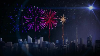 Canvas Print - Fireworks animation over city skyline at night