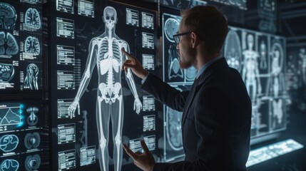 Poster - Businessman interacting with 3D rendering of x-ray human body scan interface