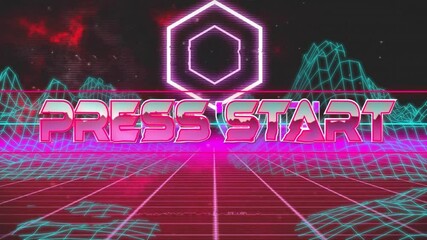Poster - Press Start text animation over neon grid and geometric shapes