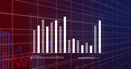 Poster - Bar and line charts with financial data processing animation over grid background